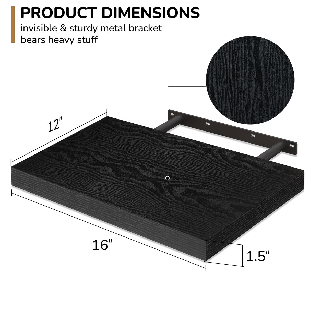 Fun Memories Floating Shelves - 2 Pack 12 Inch Deep Rustic Wooden Wall Shelves - Extra Deeper & Thicker Wall Mounted Storage Shelf for Kitchen, Farmhouse - 16" W x 12" D x 1.5" H - Rustic Black Fun Memories