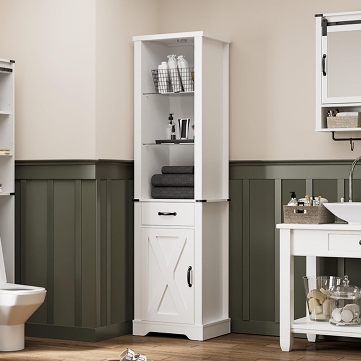 RoyalCraft 75'' Tall Storage Cabinet with LED Light, Farmhouse Pantry Cabinet with Tempered Glass Adjustable Shelves & Barn Door, Freestanding Linen Tower for Bathroom, Living Room, Kitchen, White RoyalCraft