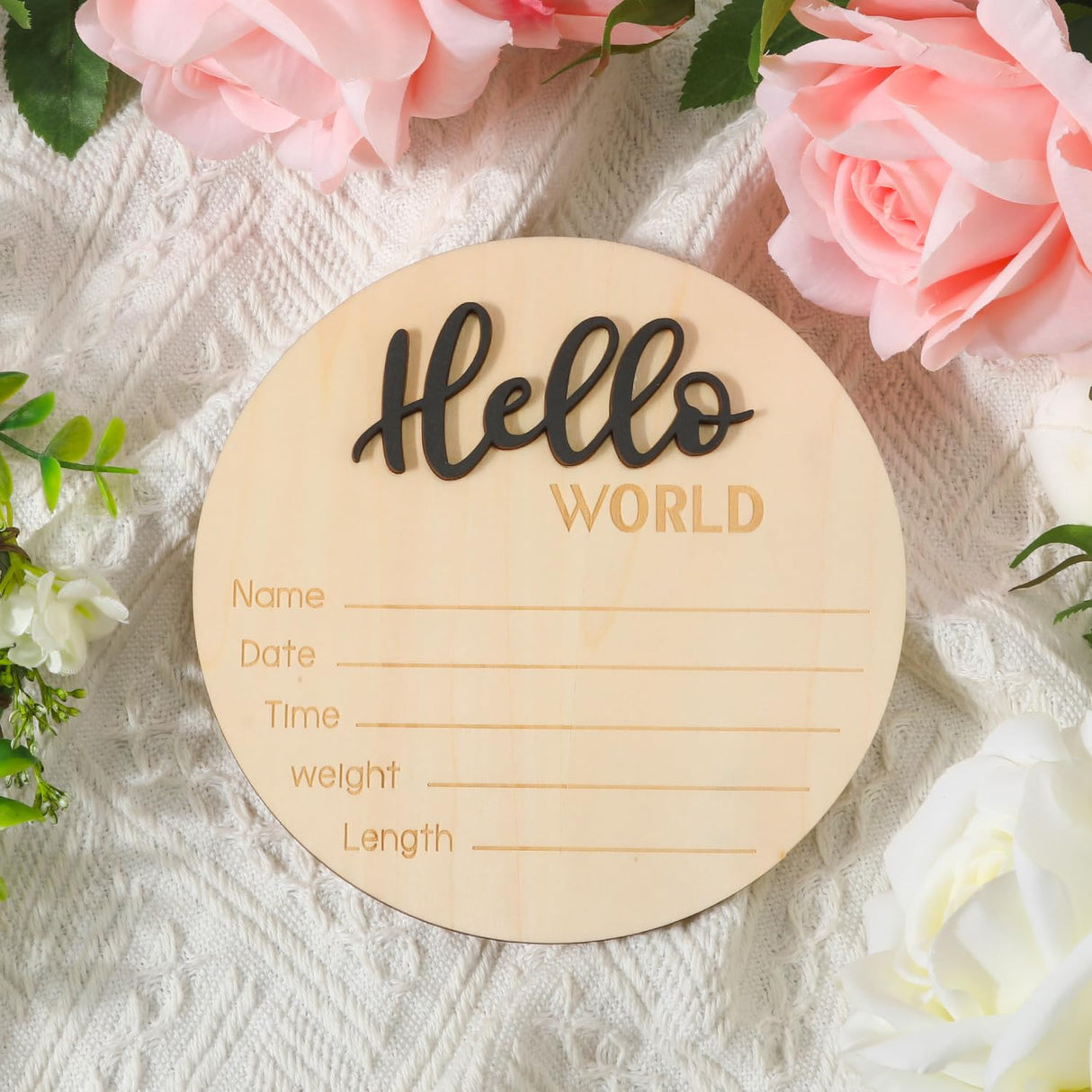 Baby Announcement Sign, 5.9 Inch Wooden Hello World Newborn Welcome Sign Birth Baby Name Plaques for Photo Props Baby Shower Hospital Nursery(Black) NQEUEPN