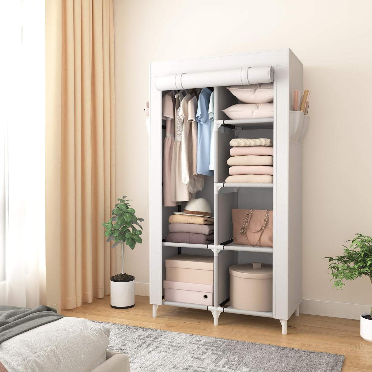 ROJASOP Portable Closet Wardrobe Closet for Hanging Clothes with 6 Storage Shelves, 1 Hanging Rod and 4 Pockets, Clothes Organizer and Storage Wardrobe Free Standing Closet for Bedroom, White ROJASOP