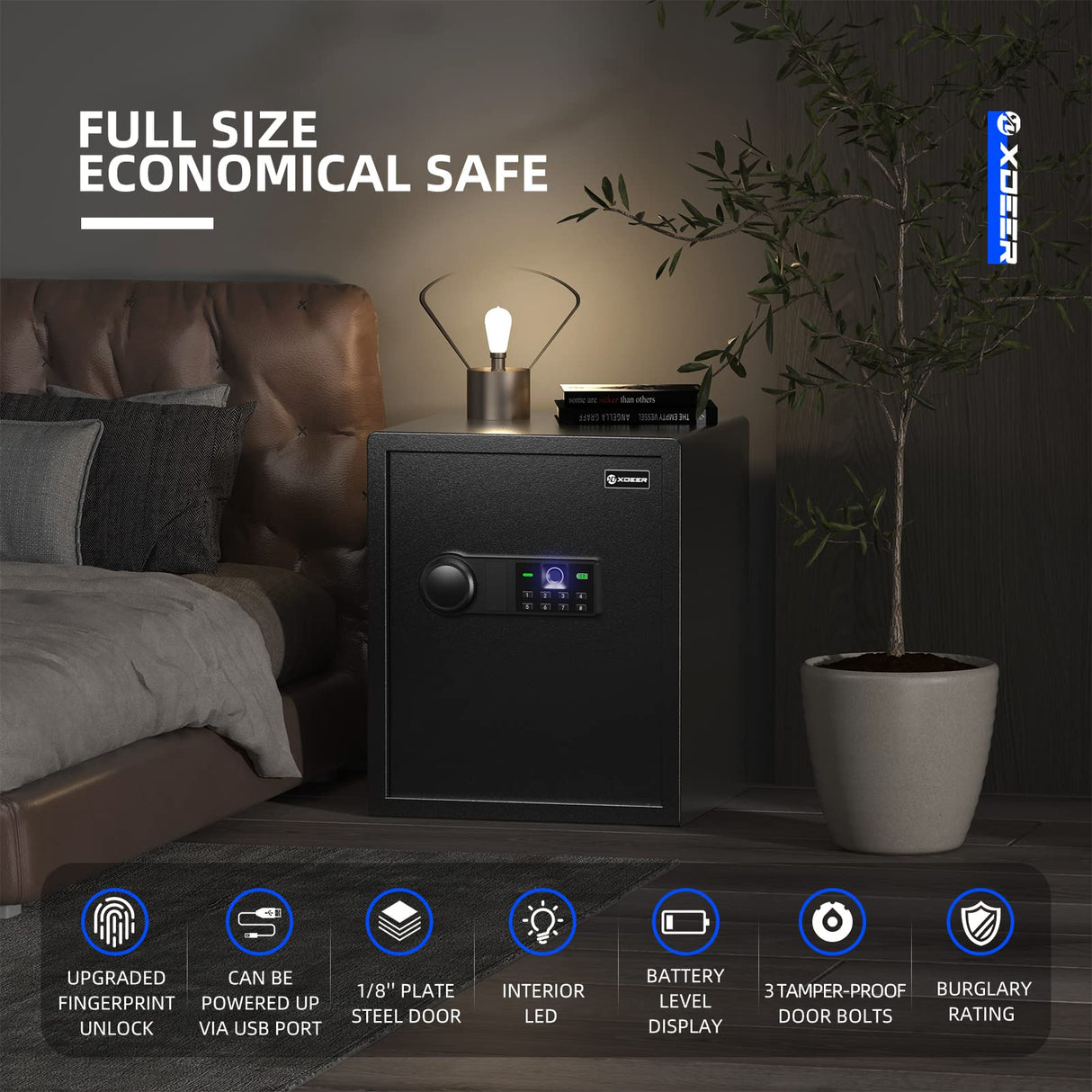 XDeer Biometric Safe Box, Quick-Access Security Safe Box with Upgraded Fingerprint, Steel Handgun Safe Lock Box for Kid/Home/Office (1.69 Cubic Feet) XDeer