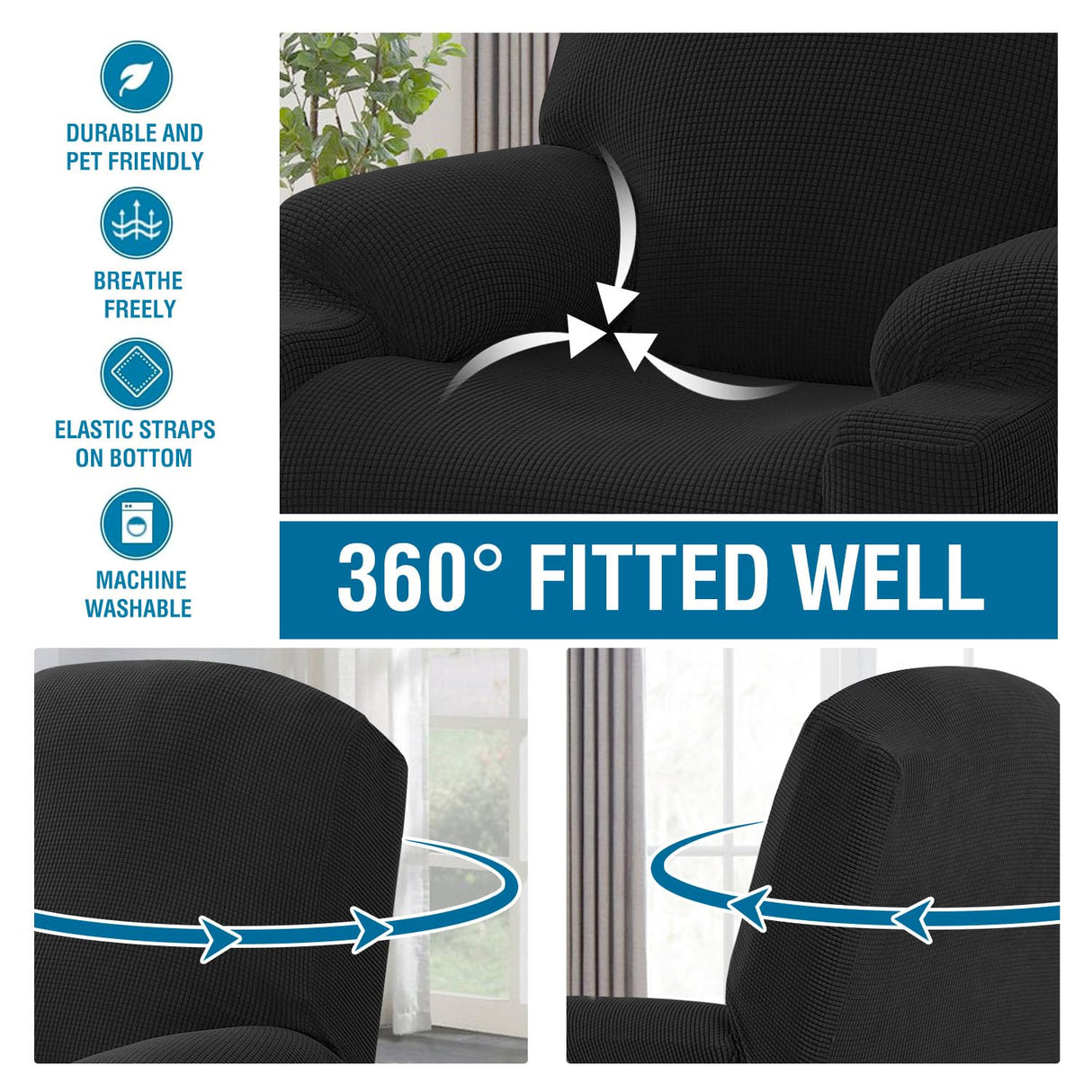 H.VERSAILTEX Stretch Couch Cover Recliner Cover Electric Power Lift Recliner Chair Cover Fitted Standard Large Power Lift Recliner with Side Pocket, Soft Thick Jacquard(Single Seat, Black) H.VERSAILTEX