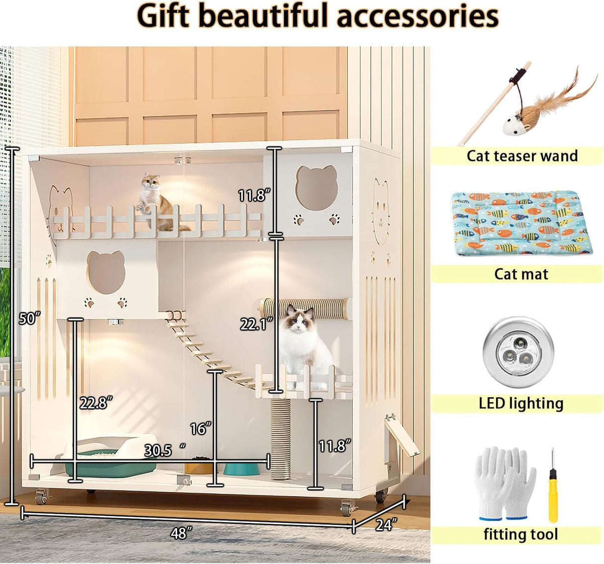 HUATOL Large Cat Cage, Wooden Cat House for Outdoor/Indoor Cats, Multi-Feature Cat Condo with Scratching Posts and Wheels, Enclosed Condo for Indoor Cats Ventilation, White, 50" X 48" X 24" HUATOL