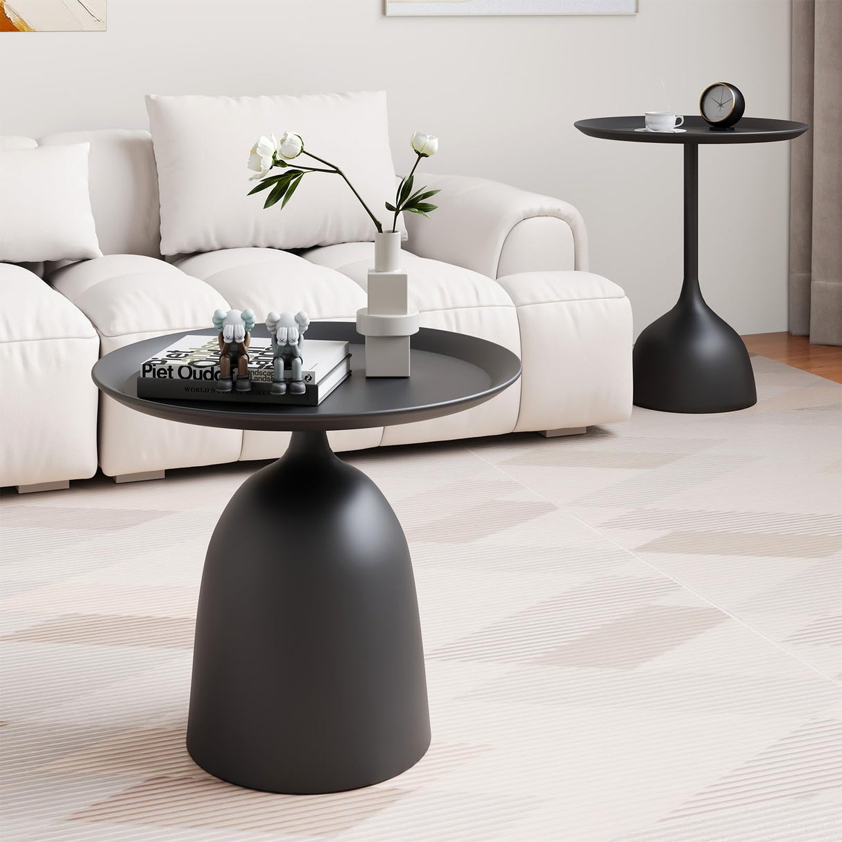 Round Coffee Table and End Table Sets for Living Room, Black Modern Side Table, Nesting Coffee Table Set of 2, Funky Metal Accent Table for Bedside, Fluted Small Nested Coffee Tables with Pedestal Recximi