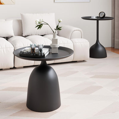 Round Coffee Table and End Table Sets for Living Room, Black Modern Side Table, Nesting Coffee Table Set of 2, Funky Metal Accent Table for Bedside, Fluted Small Nested Coffee Tables with Pedestal