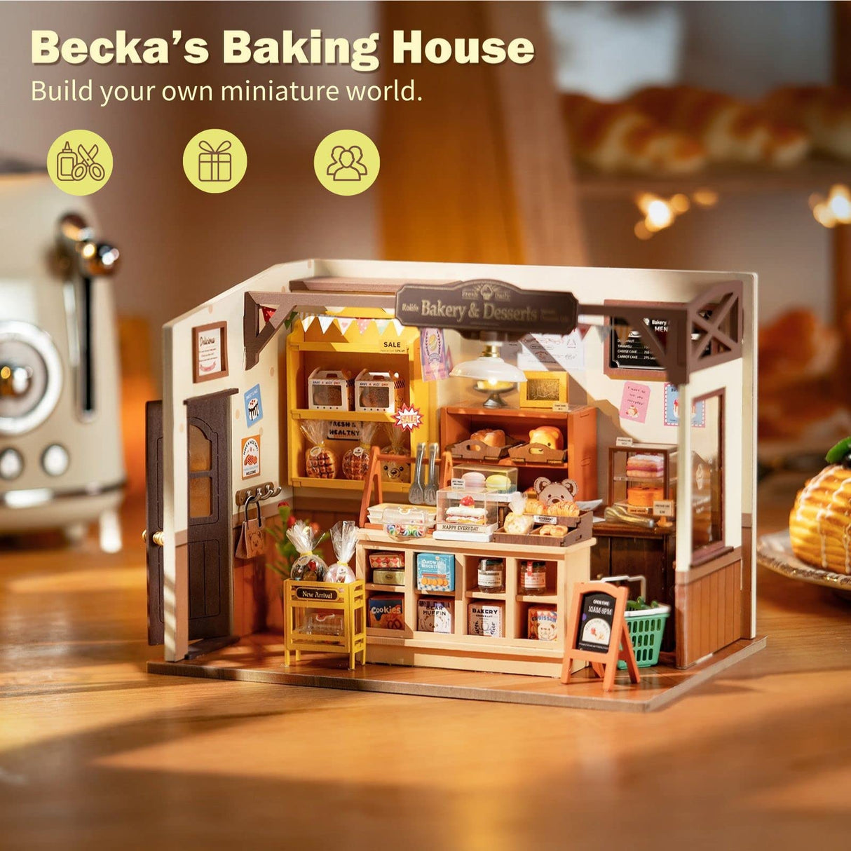 Rolife DIY Miniature Doll House Kit, Build Becka's Bakery Diorama House Building Set with LED Room Hobby Craft for Aduls Uniue Gifts for Teens Rolife