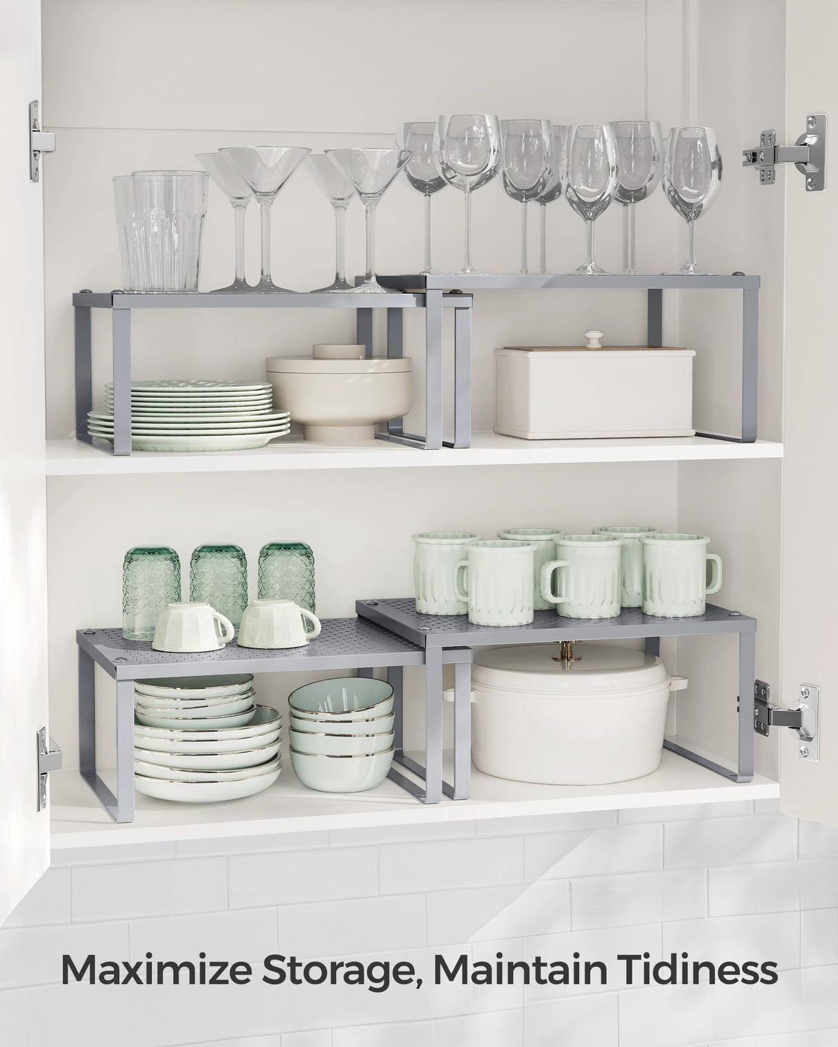 SONGMICS Spice Racks, Set of 2 Metal Cabinet Shelf Organizers, Countertop Organizers, Shelf Risers, Stackable, Expandable, Silver UKCS01SV SONGMICS