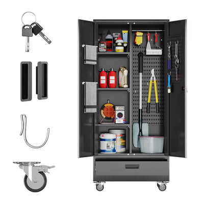 SUXXAN Broom Closet with Wheels 71"x 31.5"x15.75", Metal Cleaning Cabinets with Drawer Hooks and Hanging Rods, Lockable Cabinet with Pegboard, Adjustable Shelf,for Garage, Laundry Room