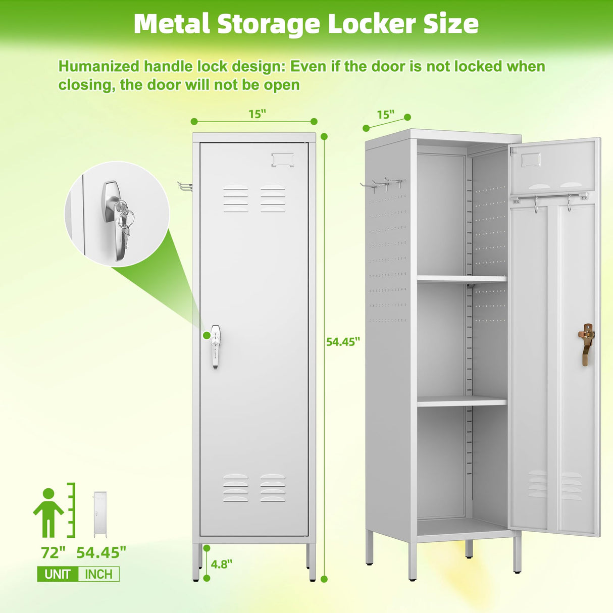 SUPEER Metal Lockers for Employees with Handle,Metal Storage Locker with 2 Pegboard & 5 Hooks for Gym, School, Office,Home,Garage,White SUPEER