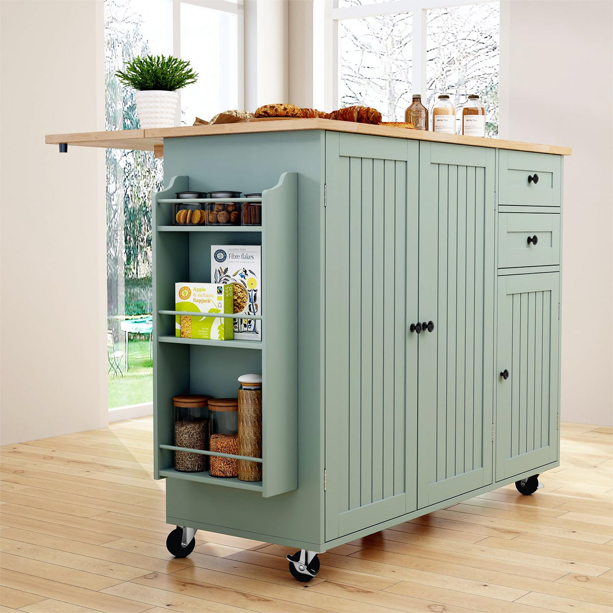 HLR Kitchen Island with Storage, Sage Green Rolling Kitchen Cart on Wheels with Drop-Leaf Bar Countertop, Islands Prep Table with Side Open Spice Rack and Tower Rack, Extra Storage for Kitchen HLR