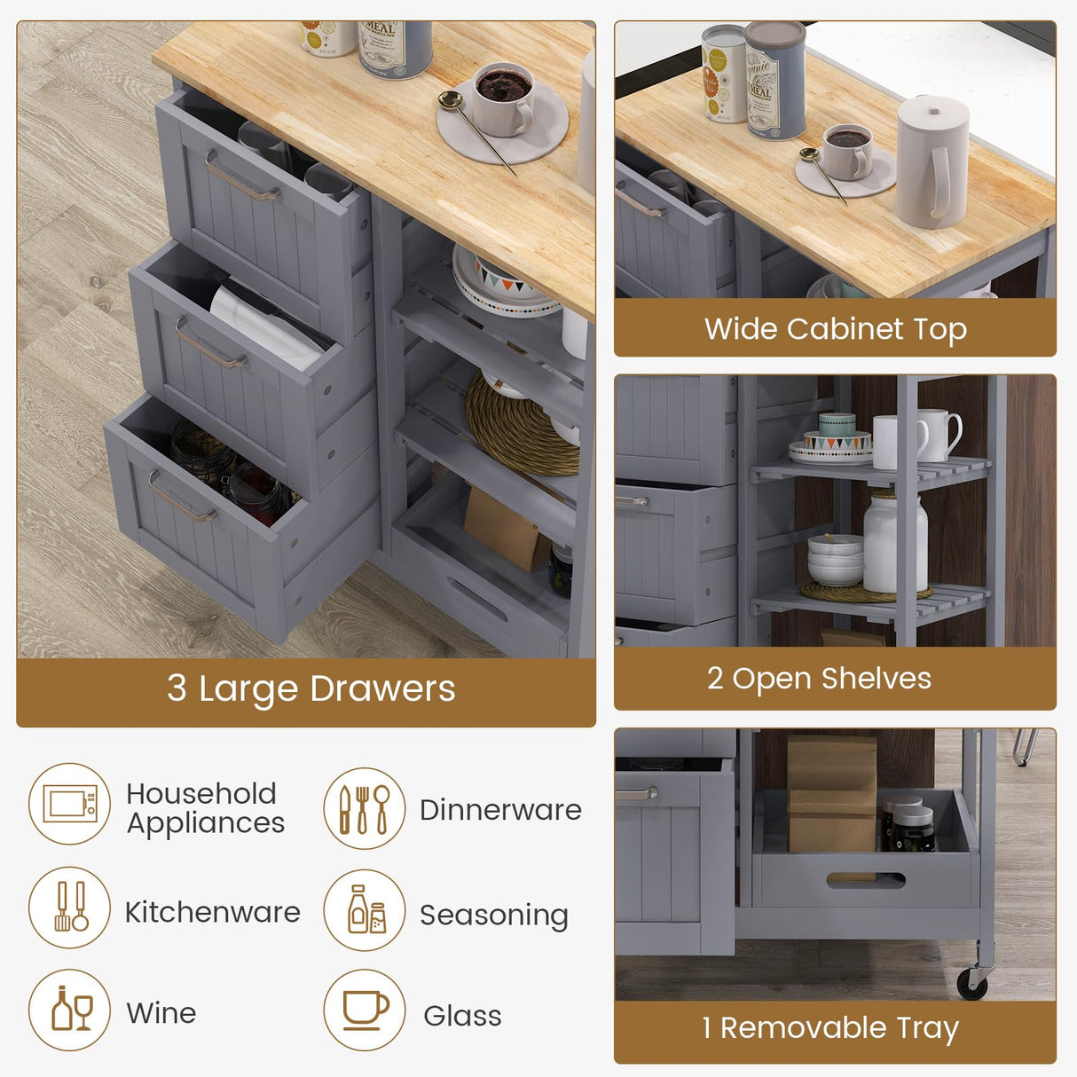 GOFLAME Kitchen Island Cart on Wheels with Storage, Versatile Rolling Cart with Wood Countertop, 3 Drawers, Removable Tray & Lockable Casters, Mobile Serving Trolley for Kitchen, Dining Room, Grey GOFLAME