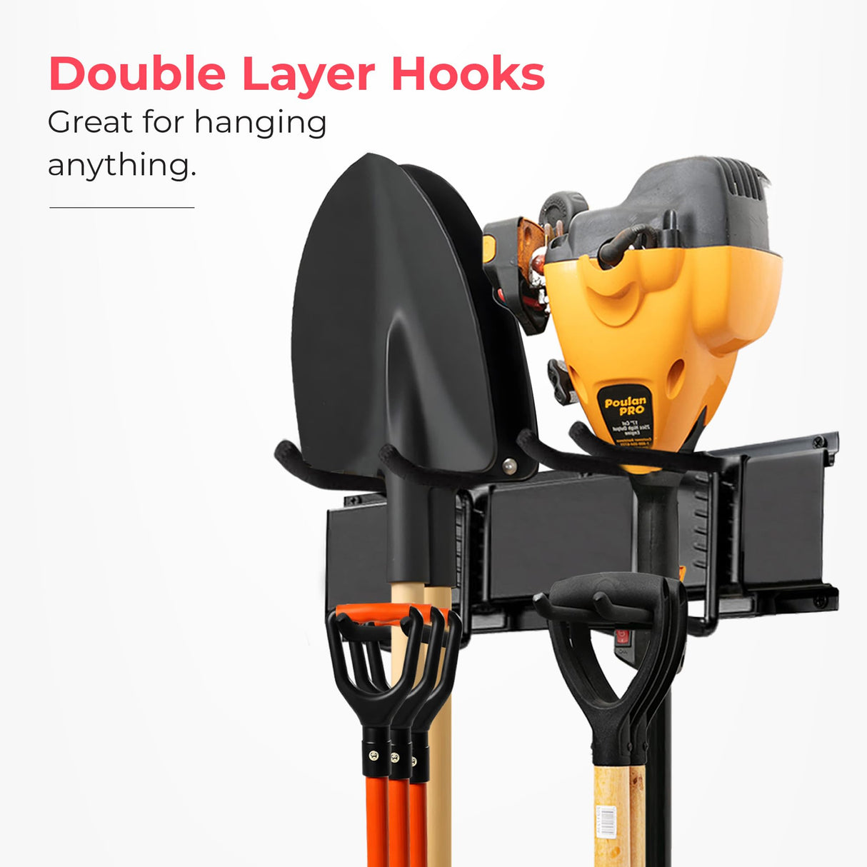 Garage Wall Organizer | 48" Heavy-Duty Tool Storage Rack | Adjustable Double-Layer Hooks | 300 lbs Capacity | Carbon Steel Wall Mount Holder for Shovels, Rakes, Ladders & Power Tools TIDYME