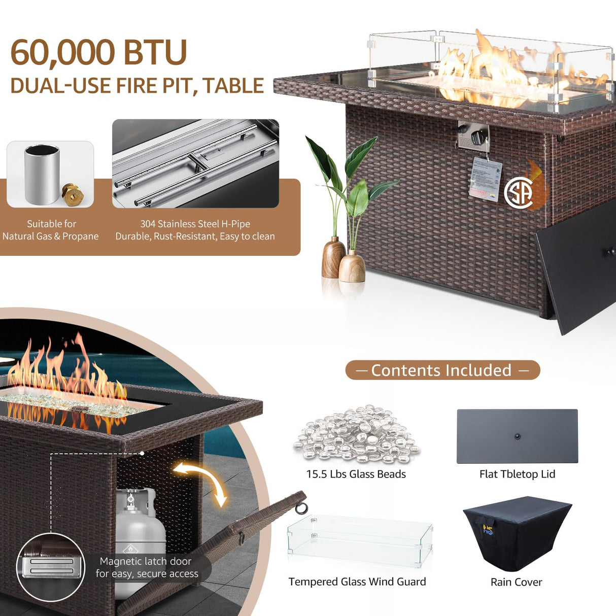 NICESOUL 6 Piece Patio Furniture Set with Firepit, 29.3'' High-Back Outdoor Sectional with Fireplace Natural Gas Propane Convertible, Comfy Deep Wide Seating Conversations for Outside, Brown NICESOUL