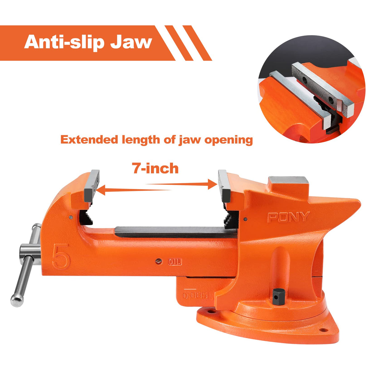 PONY Heavy Duty Bench Vise, 5-inch Jaw Width 7-inch Jaw Opening, 360-Degree Swivel Base with Anvil, Utility Combination Pipe Home Vise for Woodworking, One-Pair Vise Jaw Pad Included PONY