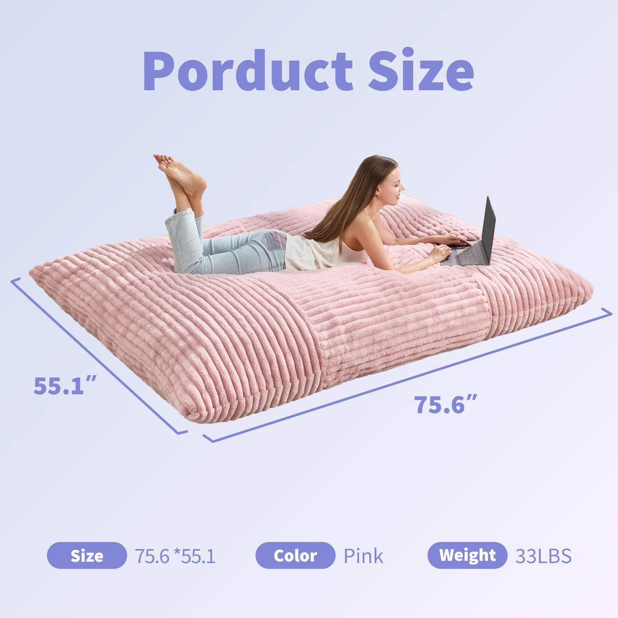 Hobestluk 3 in 1 Bean Bag Chair Giant Bean Bag Chairs Convertible Bean Bag Cushion with Machine Washable Cover, Large Beanbag Chairs for Adult (Pink) Hobestluk