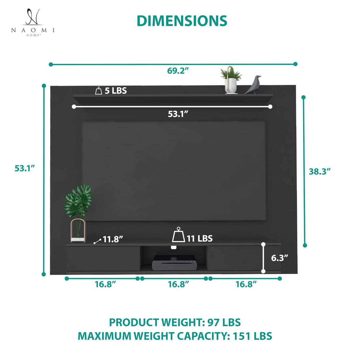 Naomi Home Zola Multi Storage Wall Media Center for up to 70 inch TVs, Entertainment Center with Storage, Floating TV Stand with 2 Sliding Doors and 2 Floating Wall Shelves, UV Painting Finish Black Naomi Home