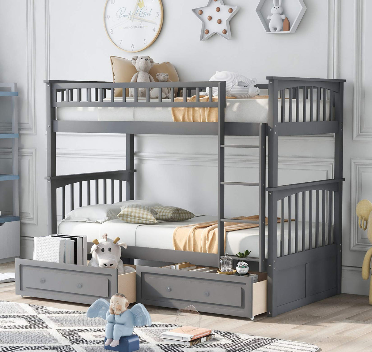 Harper & Bright Convertible Wood Twin-Over-Twin Bunk Bed with Storage Drawers and Ladder - Can Be Divided Into Two Daybeds (Grey) Harper & Bright Designs