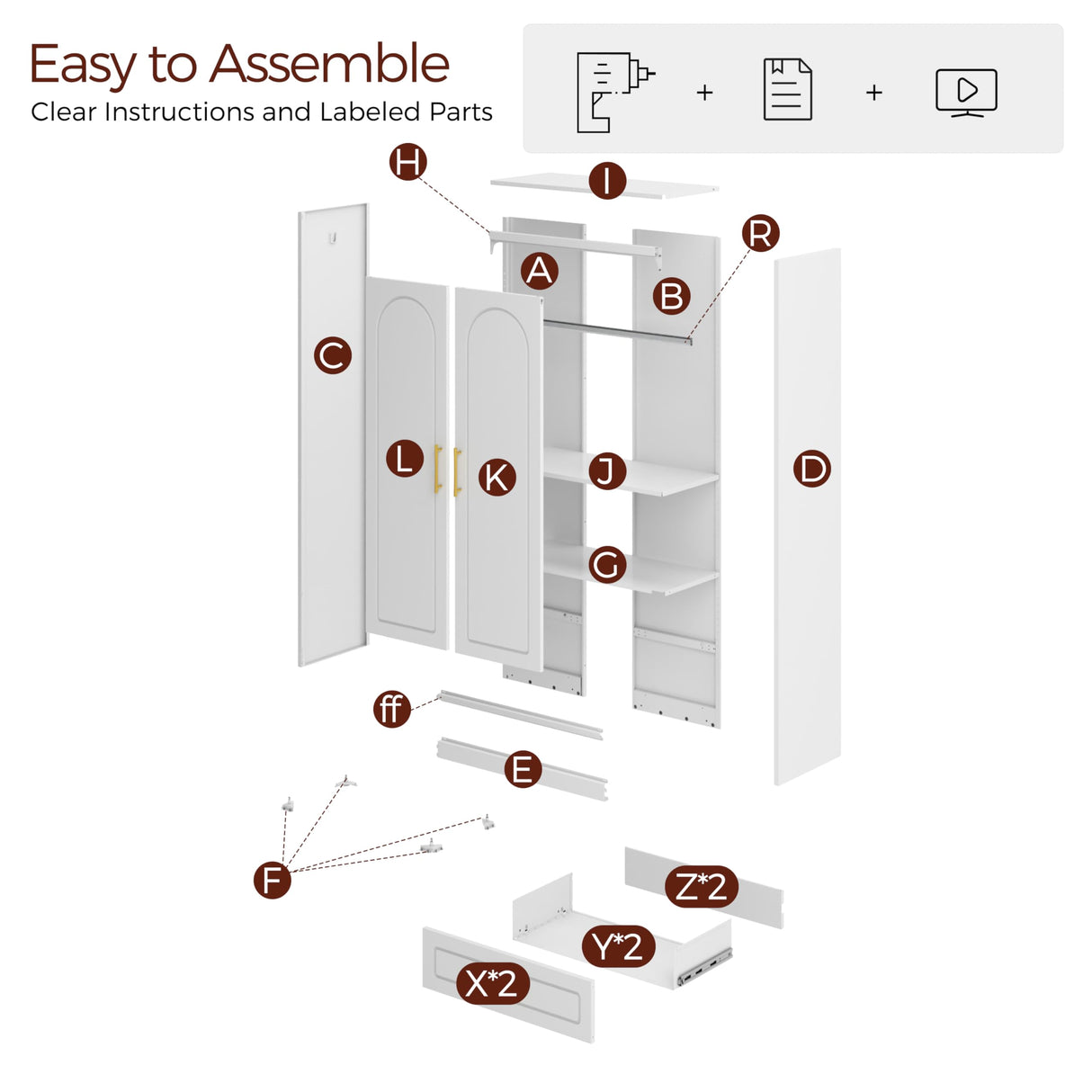 Kubohogar Metal Armoire Wardrobe Closet with 2 Drawers, 71" Tall Wardrobe Cabinet with Doors, Hanging Rod and Adjustable Shelves, White Clothing Storage Cabinets for Bedroom, Home Office Kubohogar