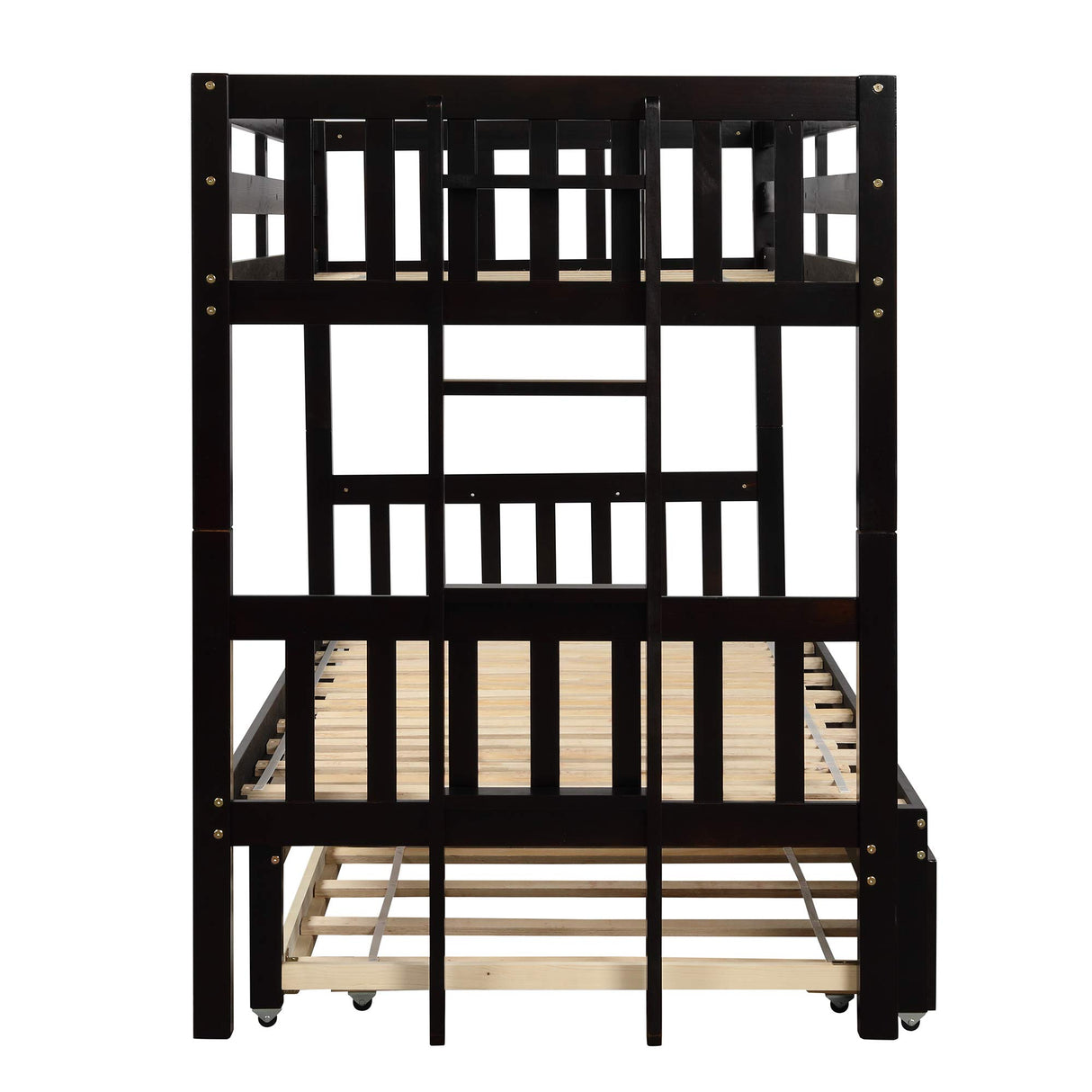 KLMM Twin Over Pull-Out Bunk Bed with Trundle, Wooden Twin Over Twin/Full/Queen/King Bunk Bed, Accommodate 4 People Extendable Bunk Beds with Ladder and Safety Rail (Espresso) KLMM