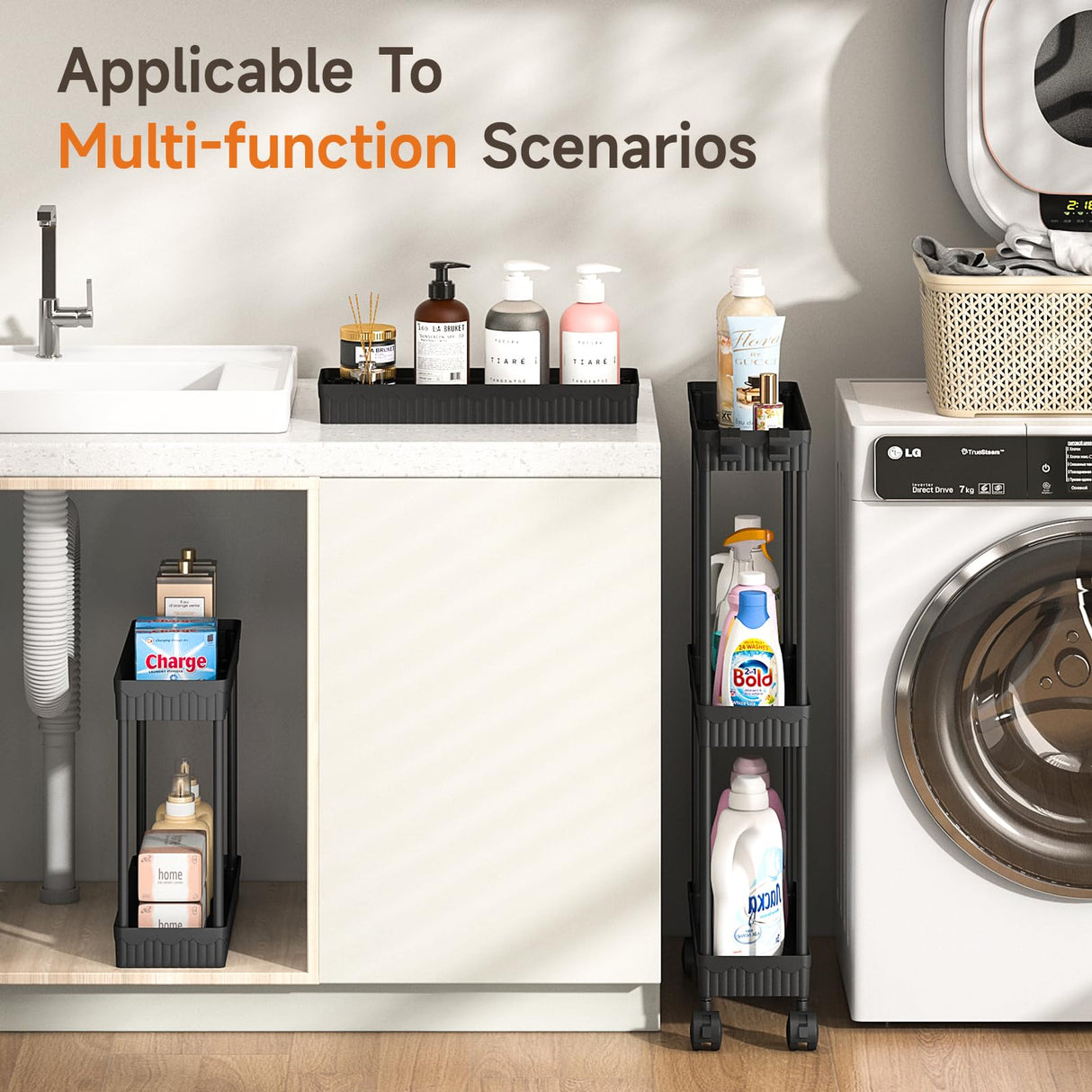 Sevenblue Slim Storage Rolling Cart with Wheels, 2 Pack 3 -Tier Rolling Cart Bathroom Organizers and Storage, Utility Cart for Laundry Room Organization, Bathroom and Kitchen Narrow Places, Black Sevenblue