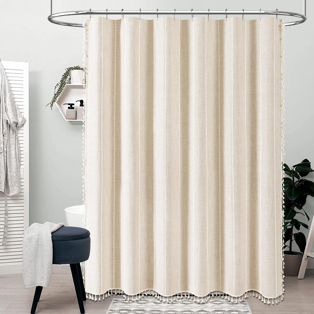 BTTN Boho Farmhouse Shower Curtain, Linen Rustic Weighted Striped Cloth Shower Curtain Set with Tassel, Water Repellent, Bohemian Vintage Country Fabric Shower Curtain for Bathroom, Cream/Beige, 72x72 BTTN