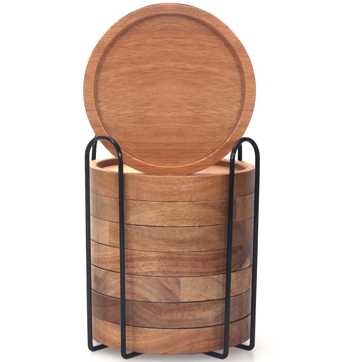 Rustic Wooden Coasters Set of 8 Farmhouse Coffee Table Decor Acacia Wood Drink Coaster with Holder Modern Outdoor Bar Cool Cup Costers Kitchen Accessories Decoration Home Dining Coasters Gift Renawe