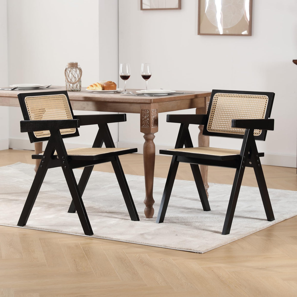 GOOLON Rattan Dining Chairs Set of 4, Rattan Chairs 18 Inch Seat Height for Dining Room, Modern Cane Dining Chair with Woven Backrest, Comfortable Seat, Sturdy Wood Frame for Indoor Kitchen, Black GOOLON