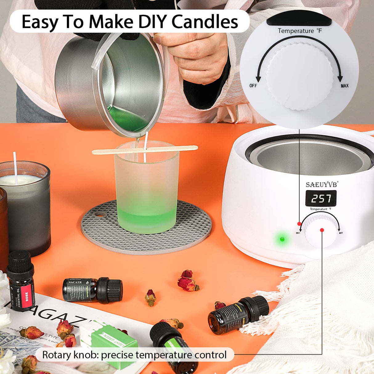 SAEUYVB Wax Melter for Candle Making,Candle Melting Pot,Candle Wax Melter,Multifunctional Wax Melting Tool with LED Temperature Display (White) SAEUYVB