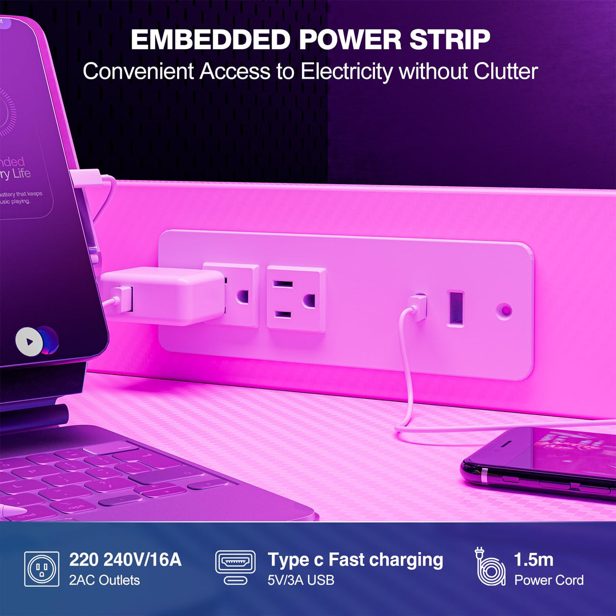 Grandder Gaming Desk 40 Inch with Power Outlet and LED Light, Computer Desk with Reversible Shelves and Storage Drawer, Pc Small Desk for Home Office Table with Bag, Carbon Fiber Pink Grandder