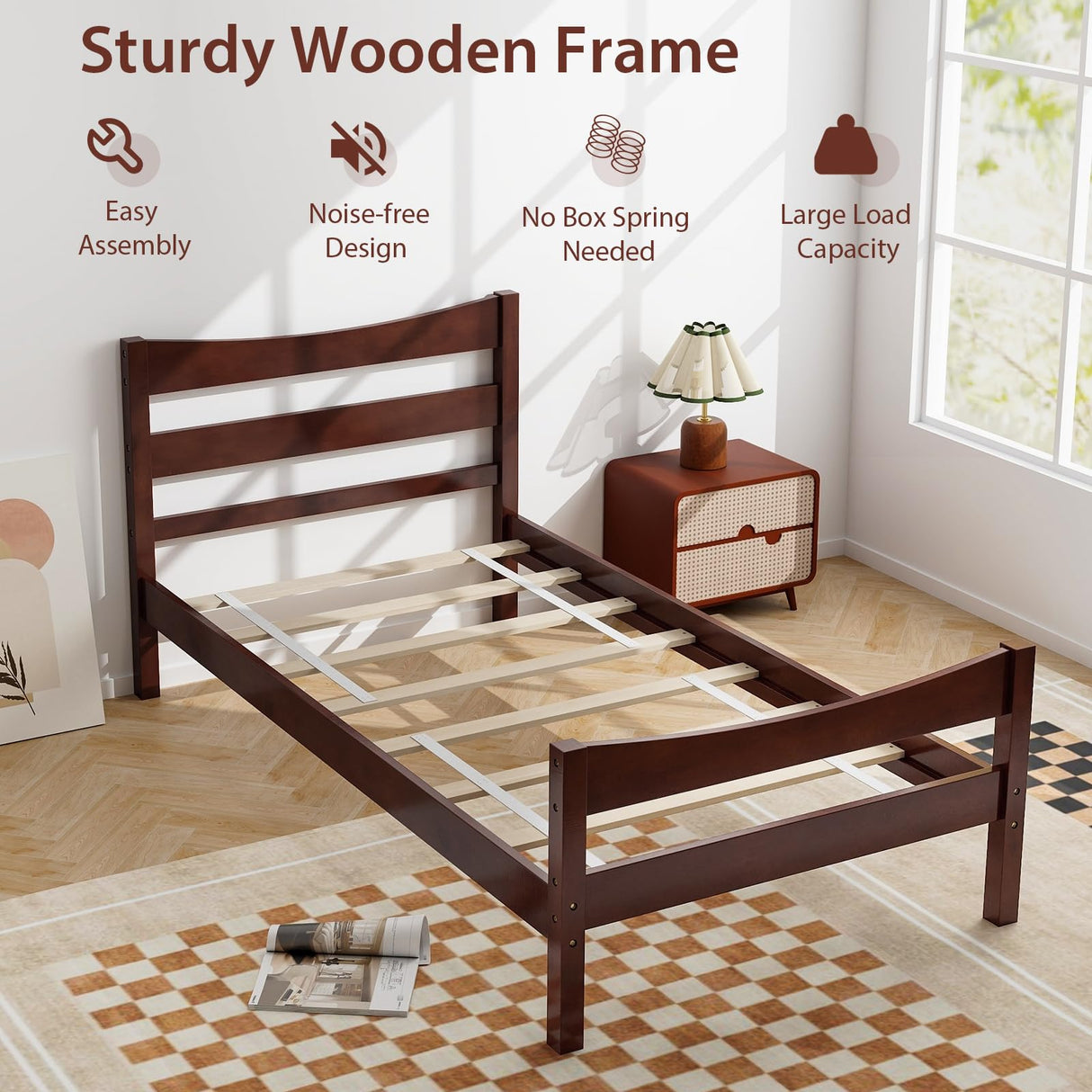 Giantex Wood Bed Frame Twin Size, Rustic Style Platform Bed w/Headboard & Footboard, Solid Wood Slat Support, No Box Spring Needed, Panel Bed Mattress Foundation for Kids (Walnut) Giantex