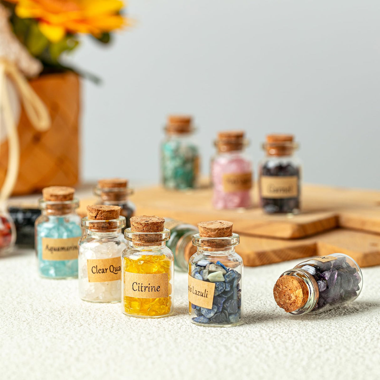 KHOCOEE 12 Different Gemstone Bottles Chip Crystals and Healing Stone, Chakra Healing Crystals Bottles, Wicca Gem Stones Set, Witchcraft Crystals KHOCOEE