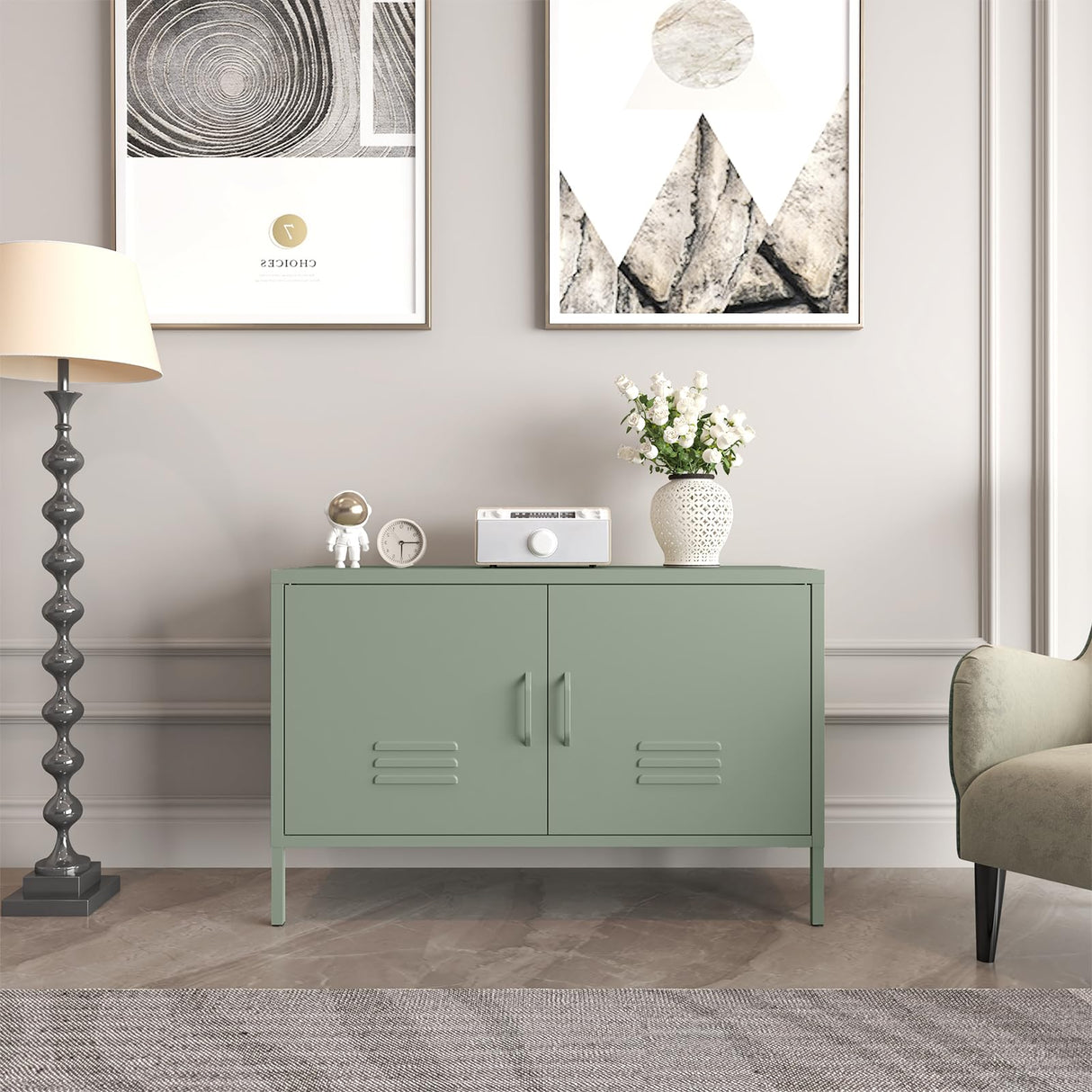 IRONFFICE Metal Storage Cabinet,TV Stand Locker Cabinet,Wide Metal Accent Cabinet with 2 Door,2-Tier Lockable Storage Cabinet,Green IRONFFICE