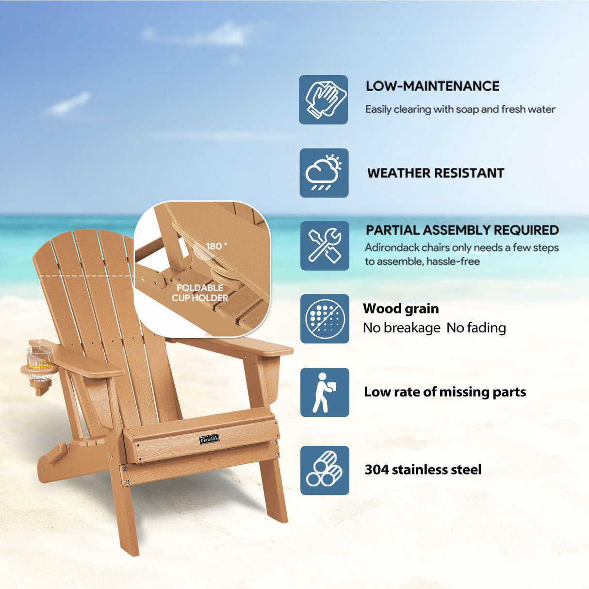 Plawdlik Folding Adirondack Chair, SGS Tested, Wooden Textured with Cup Holder, Heavy All-Weather HDPE Comfortable Set Poolside Backyard Lawn Teak Plawdlik