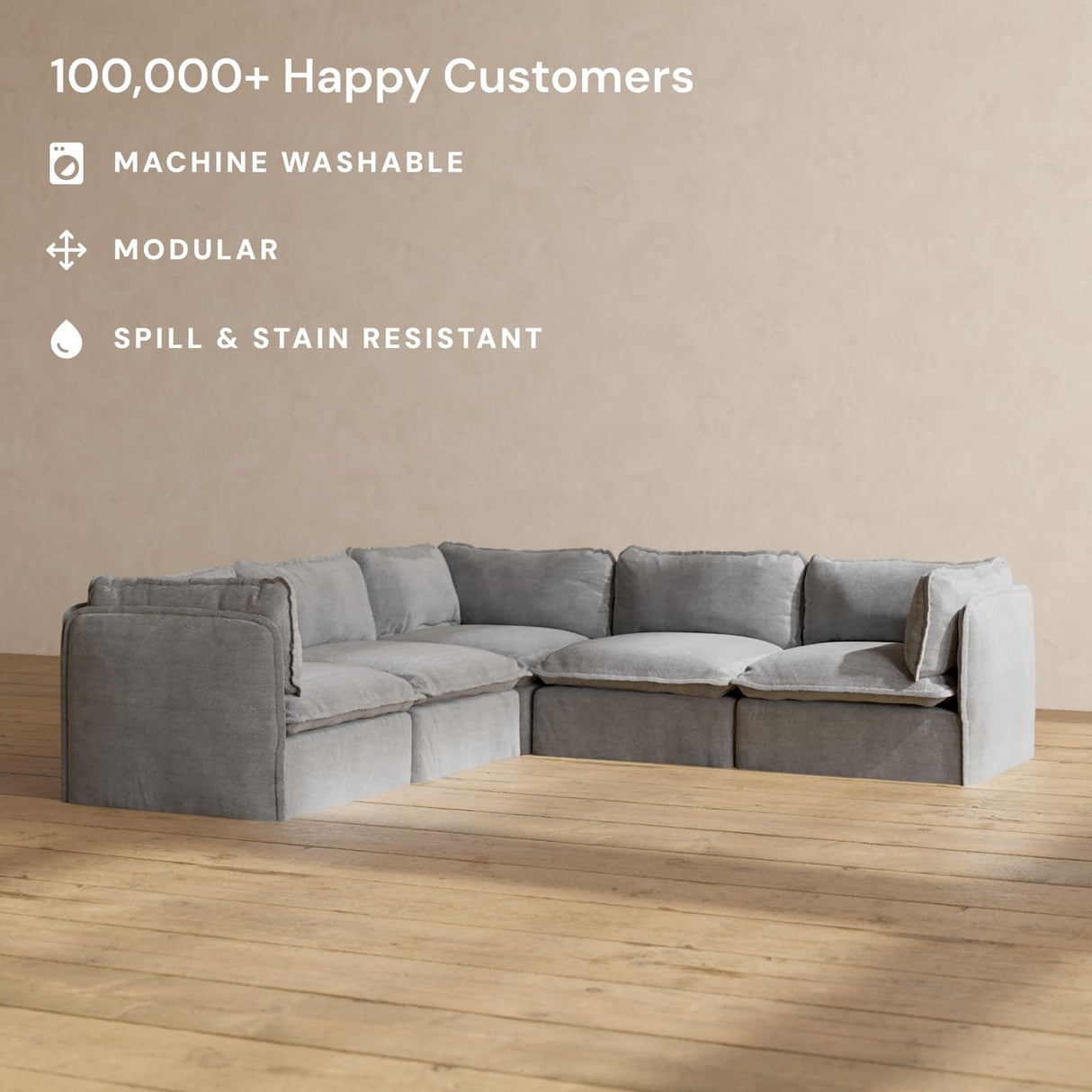 Anabei Modular Washable 5-Seater Corner Sectional in Ash | Deluxe+ Seat | Cloud Pillow Anabei