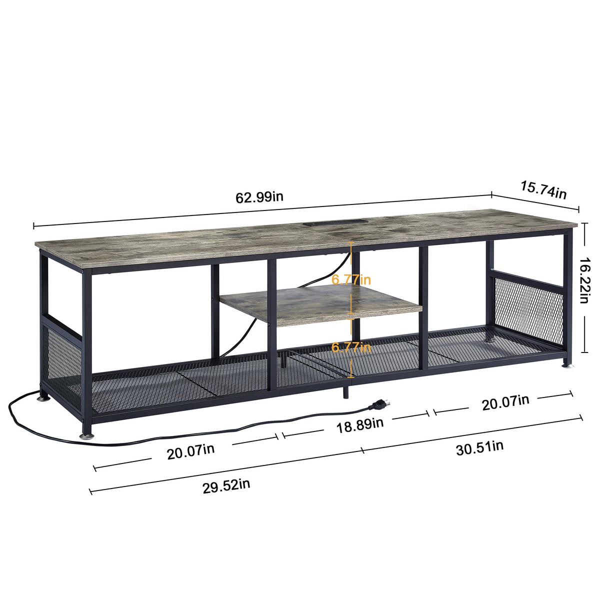 VECELO TV Stand with Power Outlets for Televisions up to 75Inch, 62" Media Entertainment Center with Charging Station 3-Tier Open Storage Shelves with Metal Frame for Living Room/Bedroom,Grey VECELO