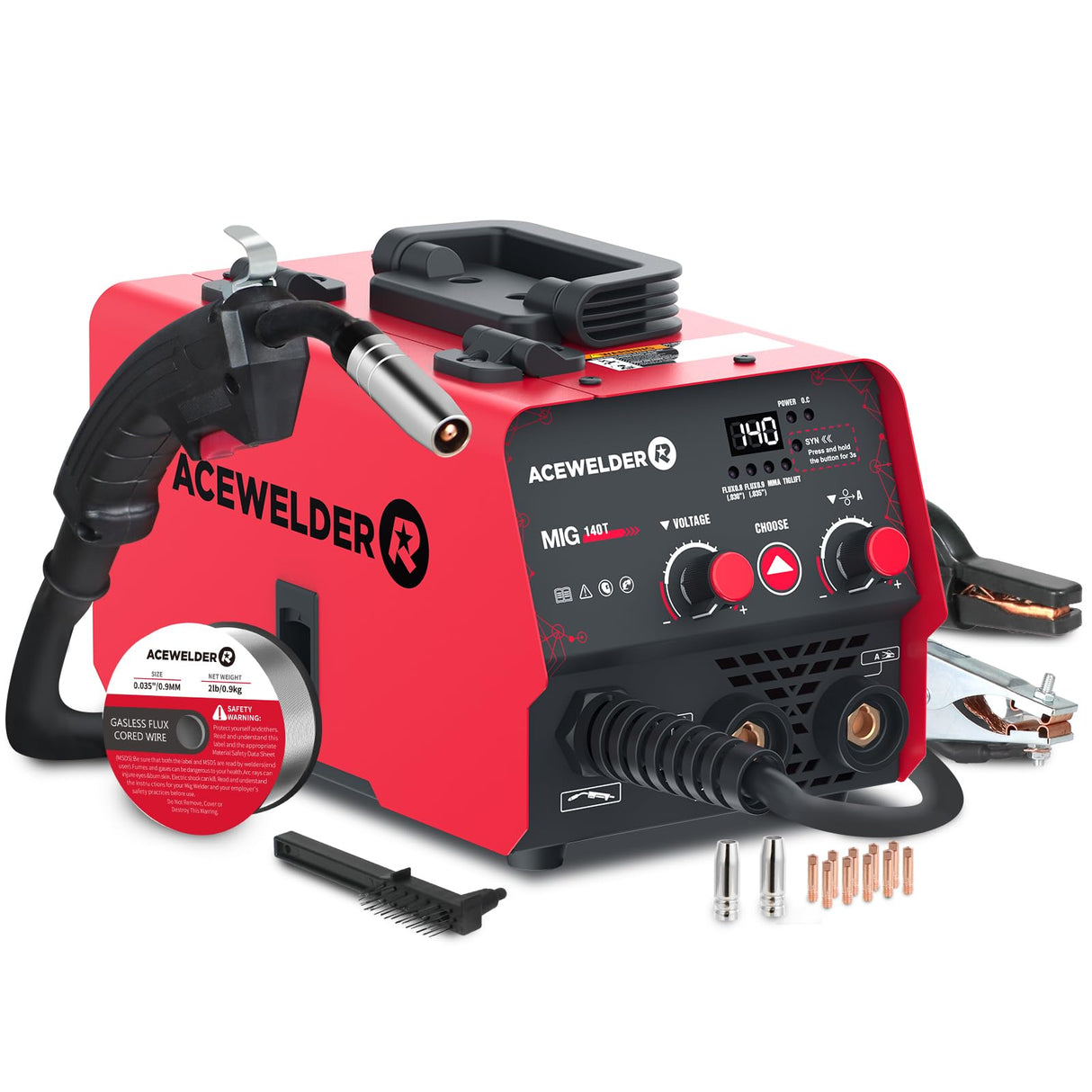 ACEWELDER 140A Gasless Flux Core MIG Welder/Lift TIG/Stick 3 in 1 Welding Machine 110V Portable IGBT Inverter Synergy Welder Machine Acewelder
