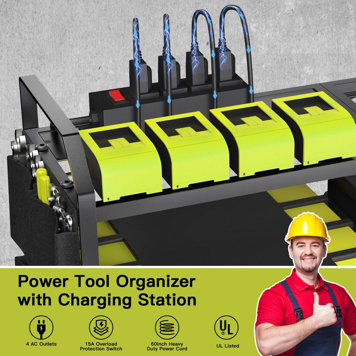 BCJJ Power Tool Organizer Wall Mount with Charging Station, Heavy Duty Steel, 3 Shelves, Black, 26.37 x 7.87 x 14.14 inches, Garage, Workshop, Shed, Tool Room BCJJ