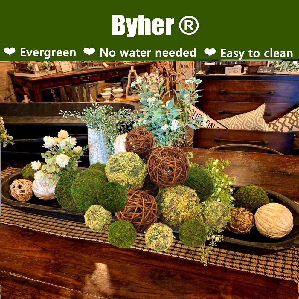 BYHER Decorative Balls for Centerpiece Bowls, 18pcs Fake Moss Balls + Wicker Rattan Balls Set Vase Bowl Filler for Home Garden Wedding Party Decor (Fresh Green + Rustic Brown) BYHER
