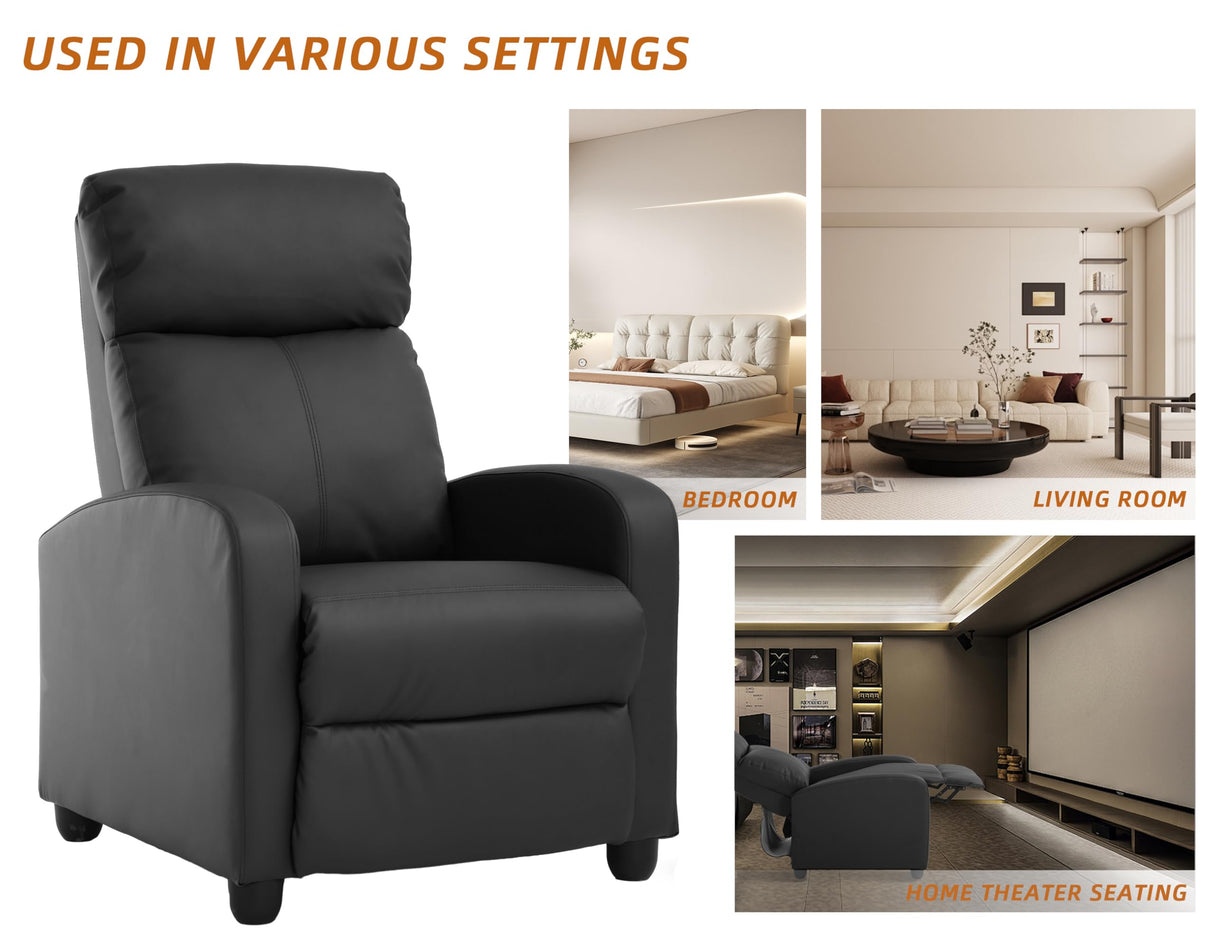 Leather Recliner Chair,Movie Theater Chairs,Single Sofa Chair Pu Leather With Footrest,Wall Hugger Recliners Chairs For Adults,Lounge Chair Indoor Recliner Chair Armchair For Living Room,Bedroom-BLACK Ckofgdsue