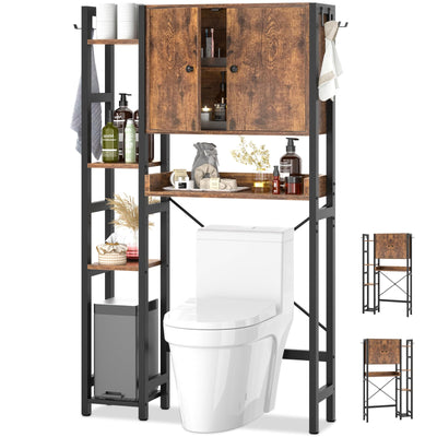Over The Toilet Storage Cabinet with Doors - 7 Tier Bathroom Organizer with Adjustable Shelf, Freestanding Space Saver Rack Above Toilet Stand with 4 Hooks for Bathroom, Restroom, Laundry, Rustic