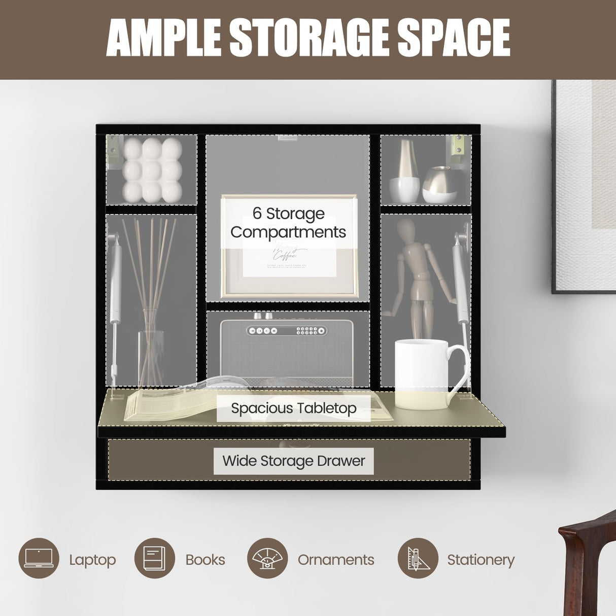 IFANNY Folding Wall Desk, Wood Wall Mounted Desk with Storage Drawer and Shelves, Fold Down Wall Mount Laptop Desk, Corner Floating Desk for Small Spaces (Black) IFANNY