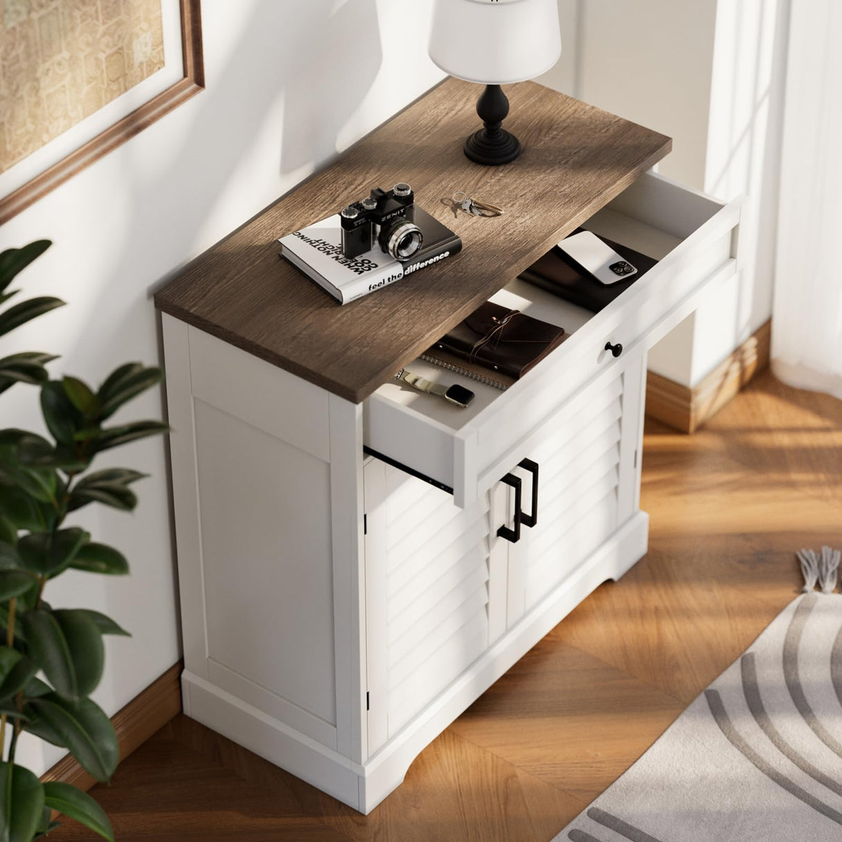 ChooChoo Farmhouse Shoe Cabinet with Doors, 4-Tier Shoe Storage Cabinet with Drawer and Shelves, Wooden Shoe Rack Organizer for Entryway, Hallway, Closet, Soft White & Brown ChooChoo