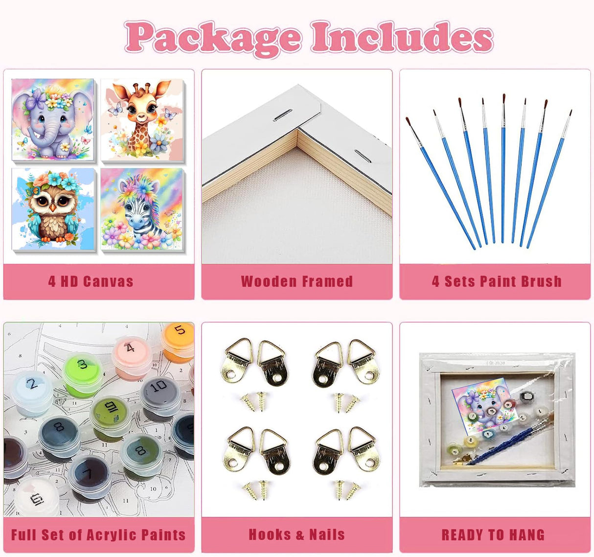 4 Pack Animal Paint by Number for Kids with Wooden Frame, Paint by Numbers for Kids Animals Ages 4-8-12, Easy Elephant Owl Giraffe Zebra DIY Acrylic Oil Painting Kits for Home Wall Decor (8X8 inch) xackcme