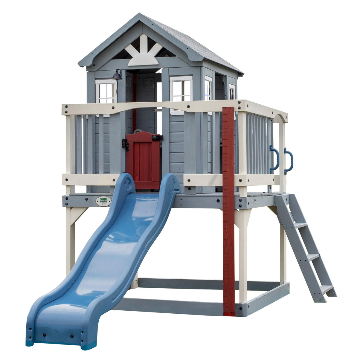 Backyard Discovery Beacon Heights Elevated Cedar Playhouse, Play kitchen, Powered Blender, Working Bell, 6 ft Wave Slide, Wrap-Around Deck, Flat Step Ladder, Growth Chart Backyard Discovery