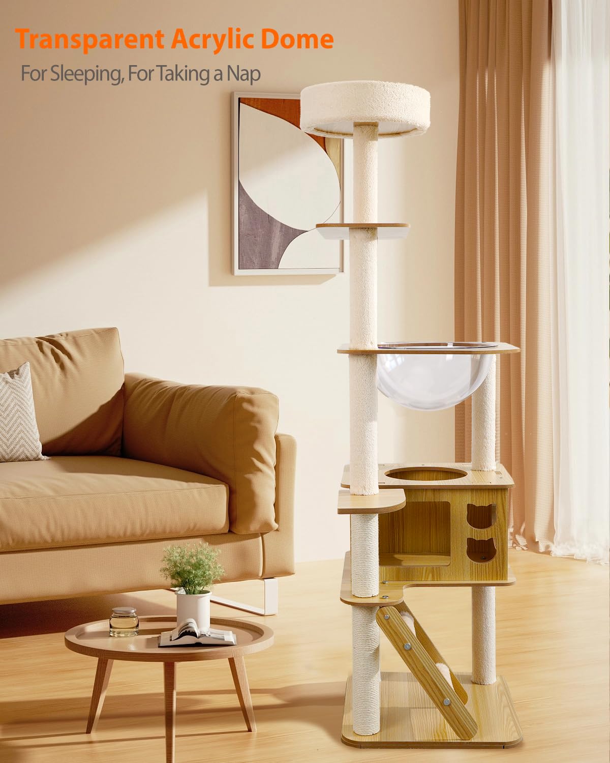 Yueyuesmart Modern Cat Tree with Acrylic Dome, 56 Inches Wooden Cat Tree No Carpet, Multi-Level Wood Cat Tower with Large Cat Condo, Round Top Perch, Scratching Post yuyuesmart