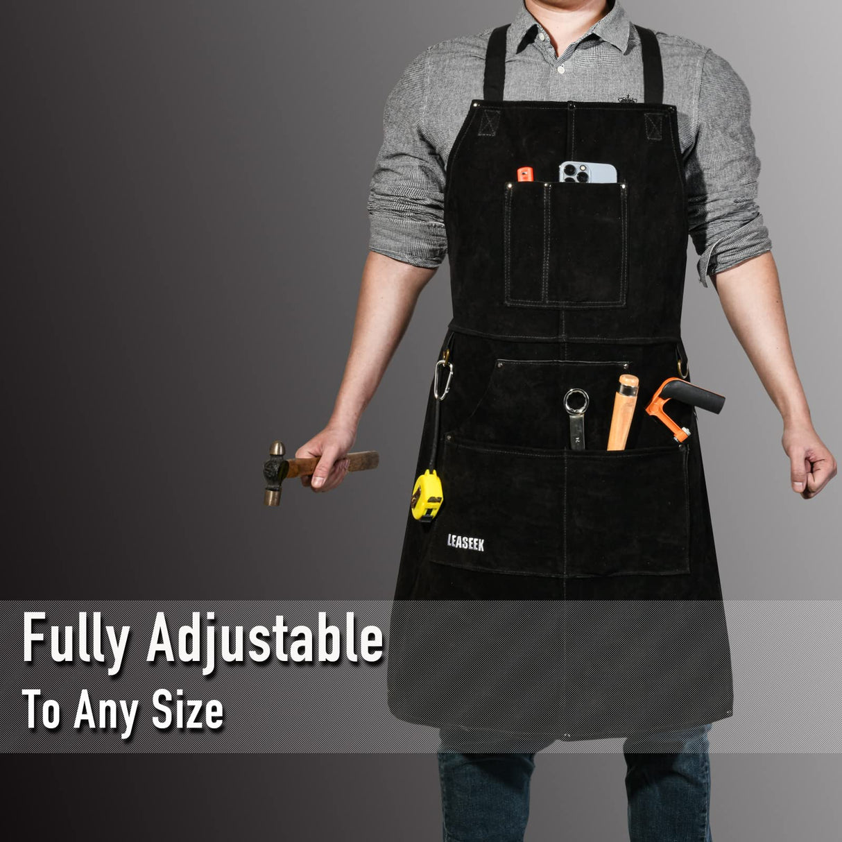 LeaSeek Leather Welding Apron,Heat & Flame-Resistant Heavy Duty Work Apron with 6 Pockets,Woodworking Shop Apron LeaSeek
