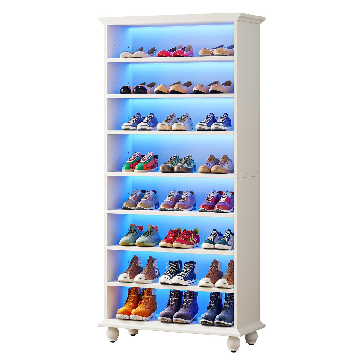 Tribesigns Narrow Tall Shoe Cabinet with LED Lighting, 9-Tier 30 Pairs Freestanding Shoes Storage Cabinet, Wood Shoe Organizer Cabinet with Solid Wooden Legs for Entryway, White (2) Tribesigns