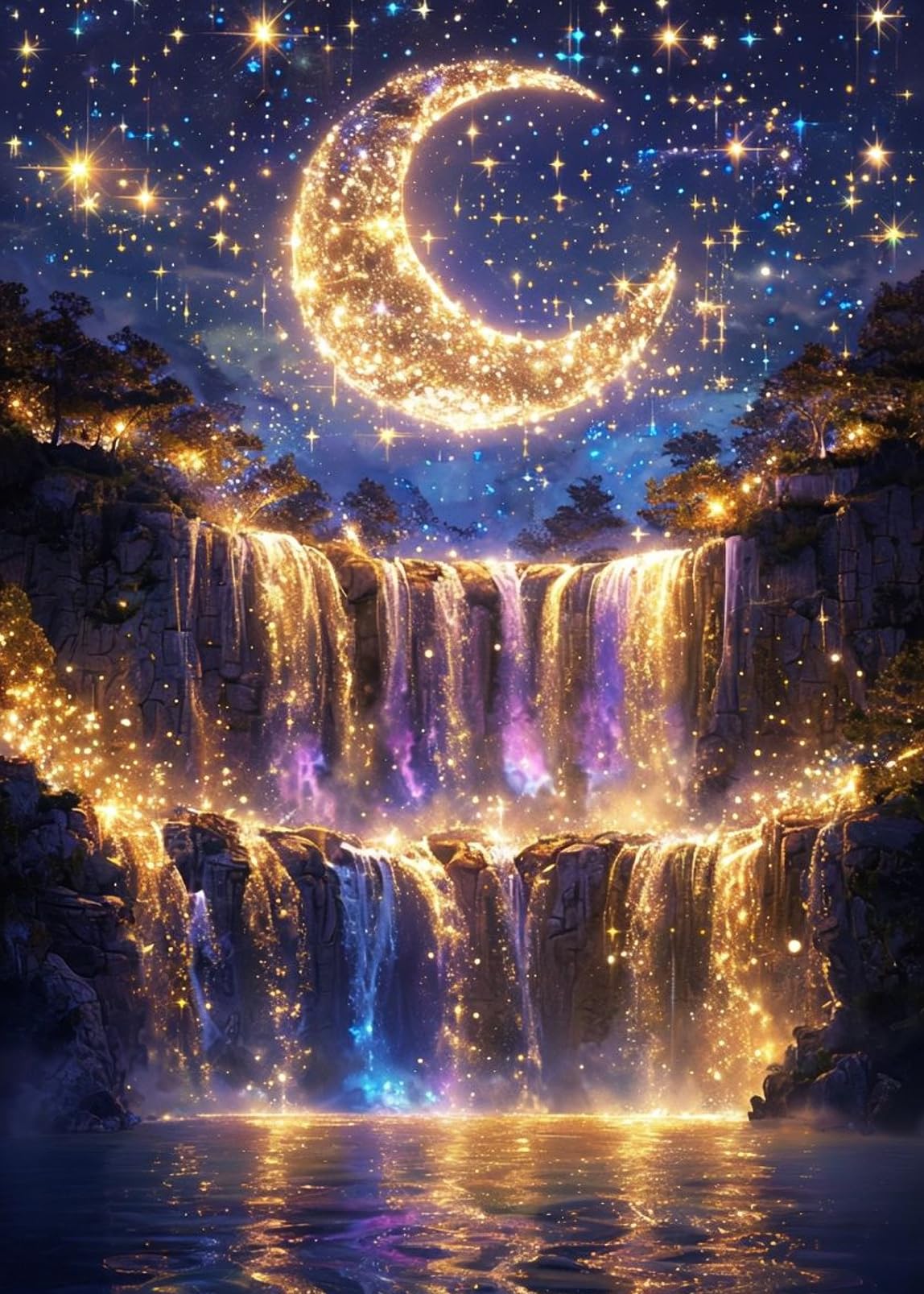 KINPLUB 5D Diamond Painting Kits for Adults Beginners, Moonlight Waterfall Diamond Art Kits for Adults, DIY Full Drill Round Moon Landscape Diamond Dots, Home Wall Decor 12x16 Inch KINPLUB