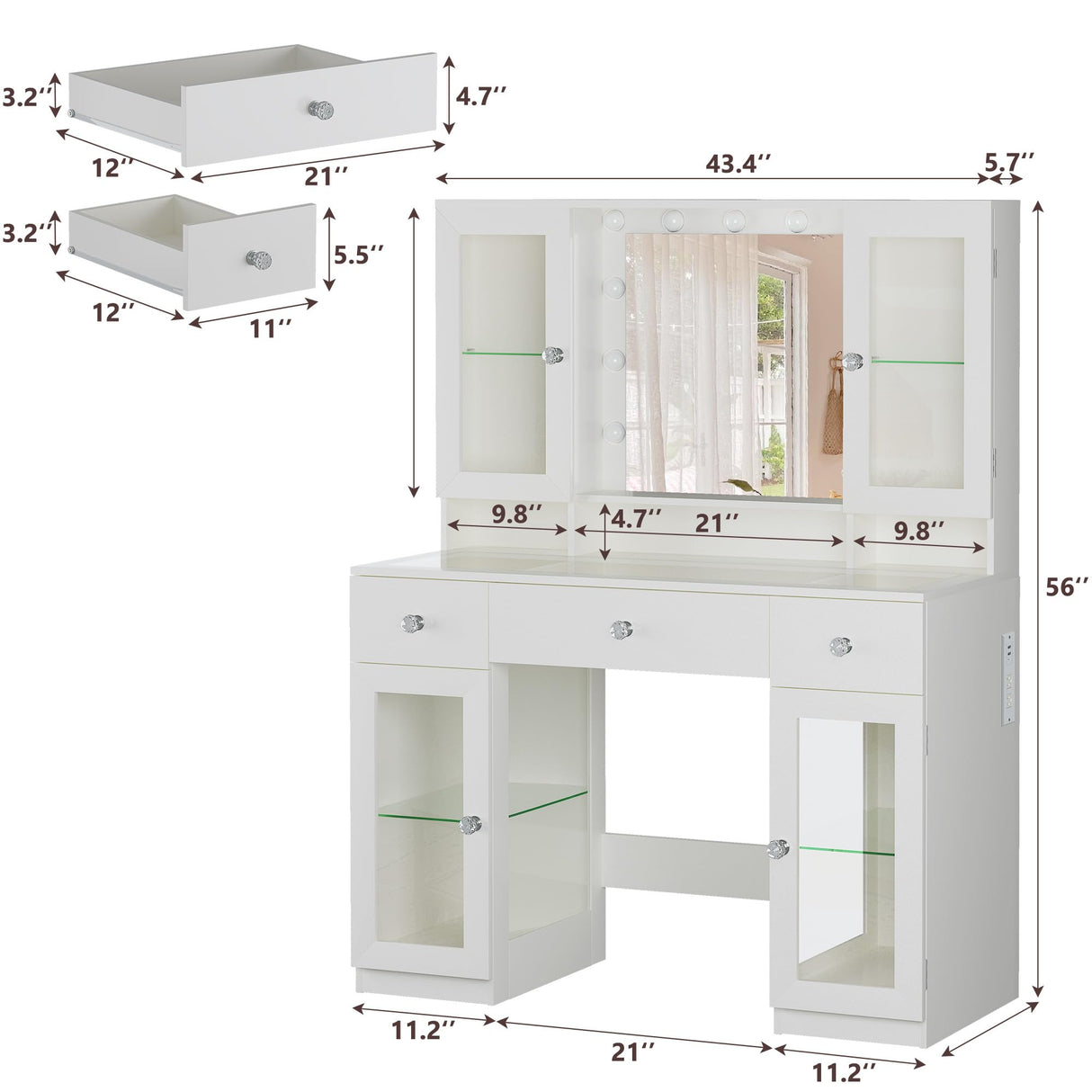 HUAHUU Vanity Desk with Mirror and RGB Lights, 43" Large Makeup Vanity with Glass Top, 4 Large Glass Cabinets, Power Outlet & 3 Drawers, 3 Colors Lighting Adjustable Brightness for Bedroom, White HUAHUU