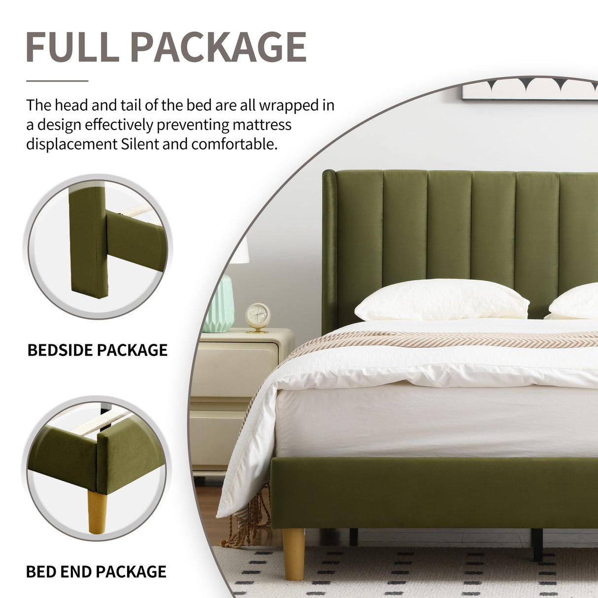 YUHUASHI upholstered Platform Bed Frame/Twin Bed Frame/Modern Geometric Double-Wing Design headboard/Velvet Fabric/Easy to Assemble no Noise (Grass Green, Twin) YUHUASHI